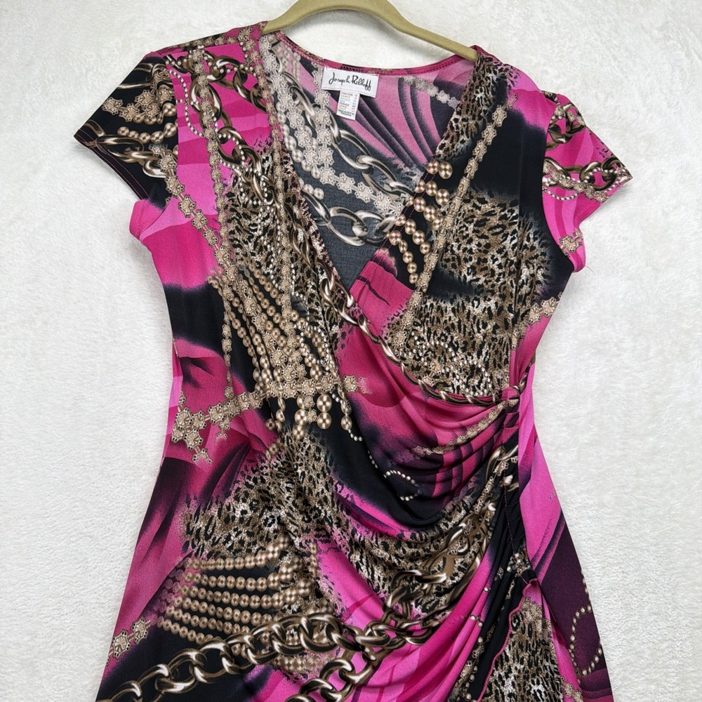 Joseph Ribkoff Vintage Y2K Faux Wrap Dress Women's 12 Animal Print‎ Ruched